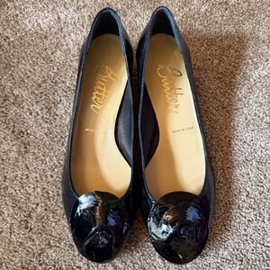 Butter Black Crinkle Patent Leather Rosette Low Wedge Pumps Made in Italy Size 6